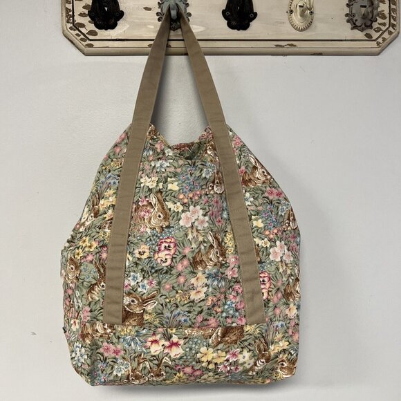 Handmade Floral Bunny Tote Bag With Beige Straps - 13" H x 15" W - Picture 1 of 7